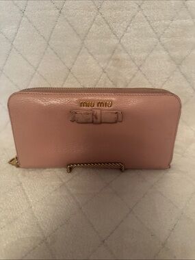 Miu Miu Blush Pink Leather Zip Around Wallet with Bow
